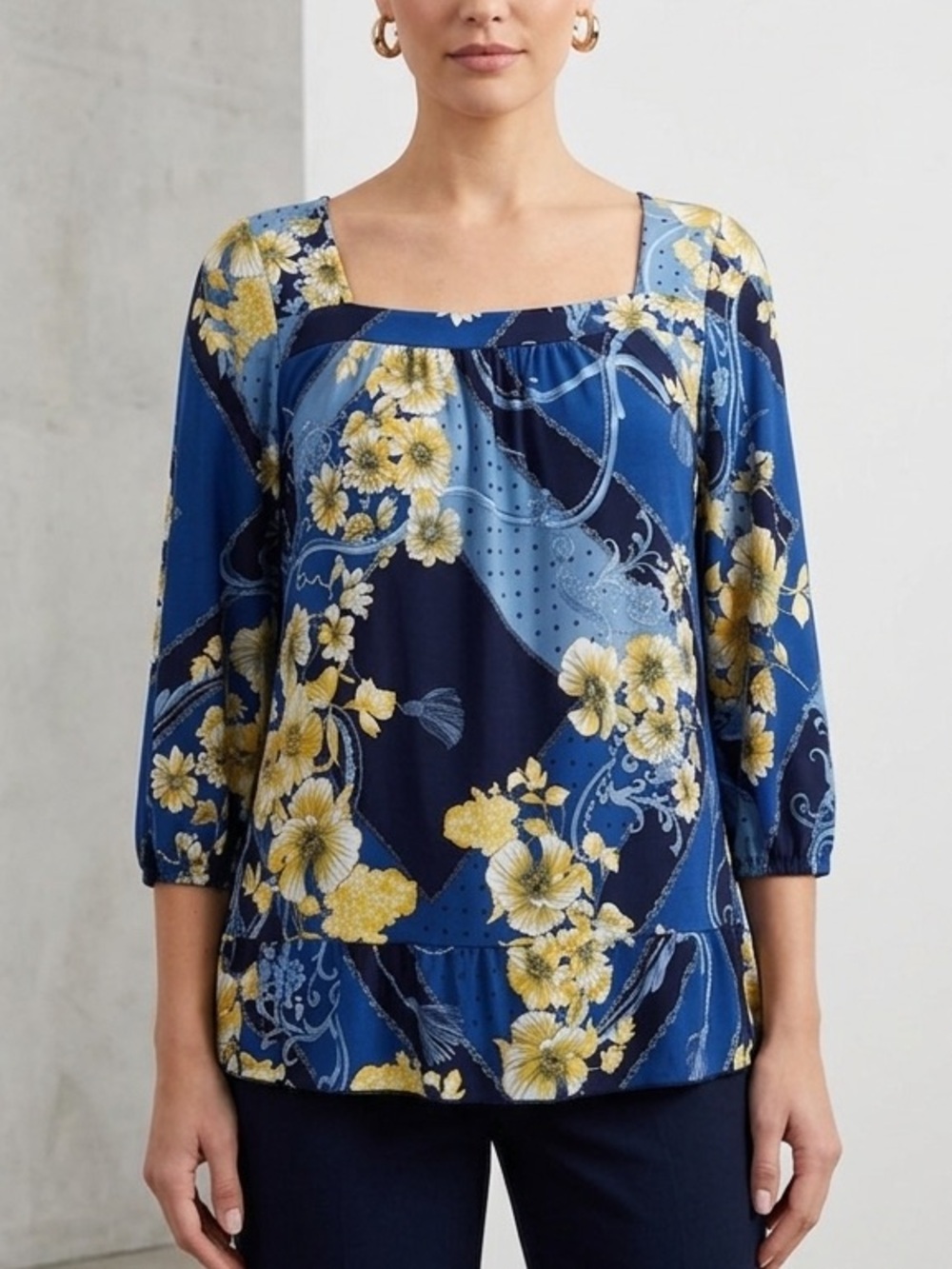 Espresso Navy and Yellow Floral Blouse